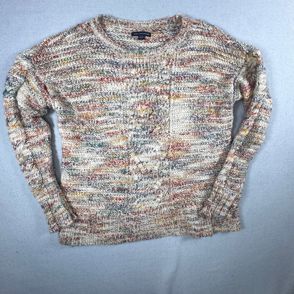 American Eagle Space Dye Cable Knit Sweater M Wool Blend Marled Pullover Boho